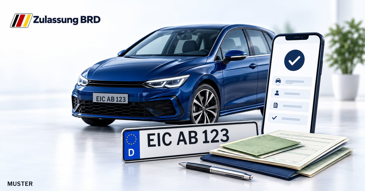 Online Fahrzeugzulassung in Worbis: Musterkennzeichen EIC AB 123, Auto und Fahrzeugpapiere und Smartphone. Illustration mit Logo von Zulassung BRD.